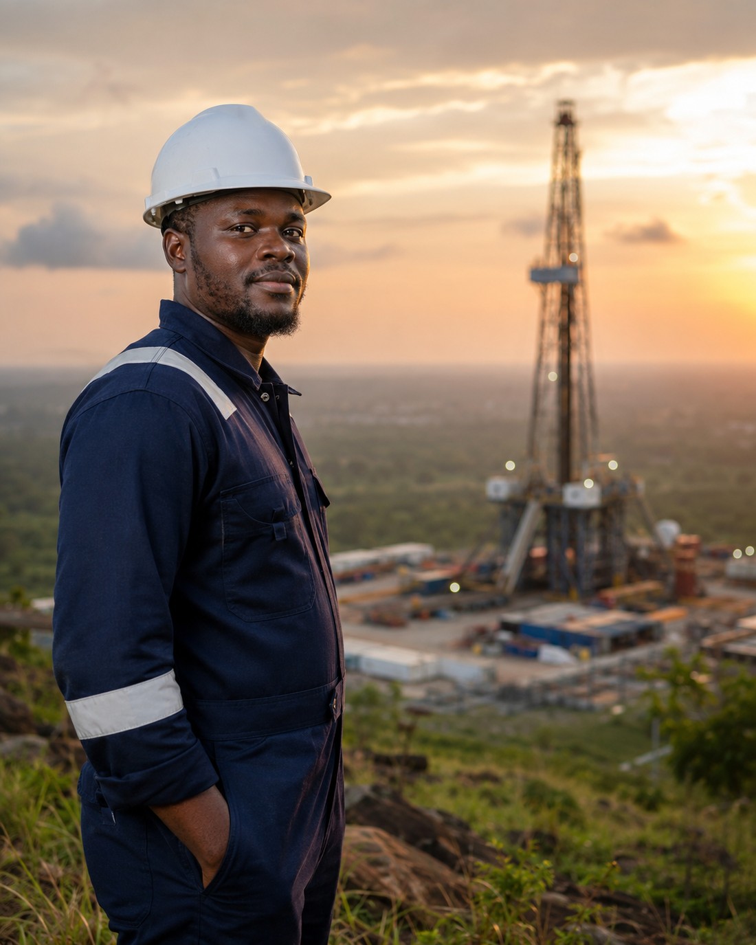 Jenkinstown field engineer at an onshore drilling site at sunset