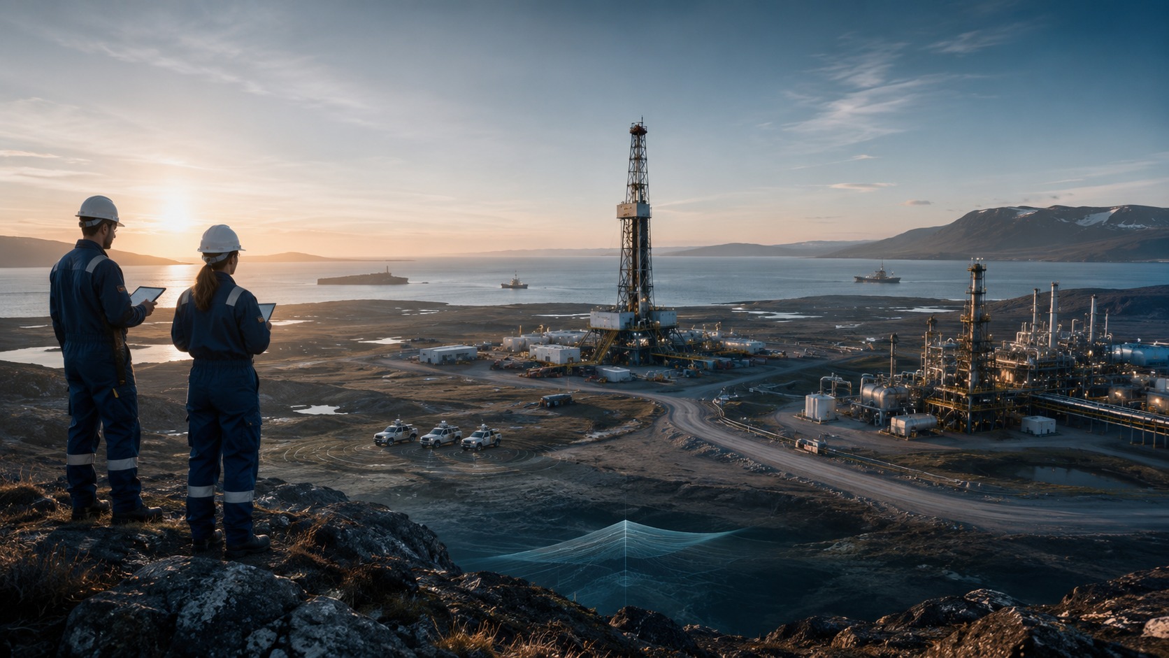 Oil and gas production facility at dusk