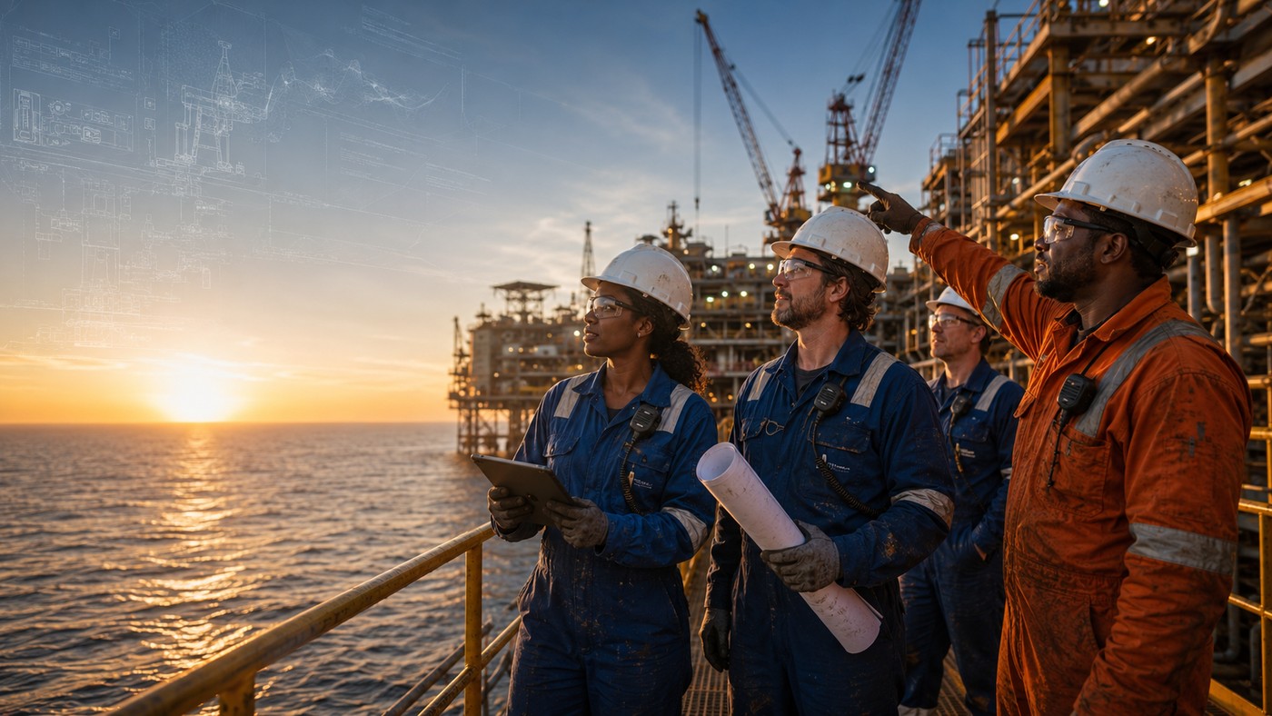 Field crew reviewing plans on an offshore platform