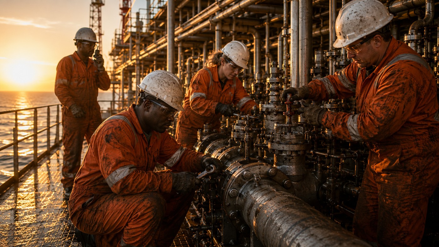 Wellhead maintenance crew at sunset
